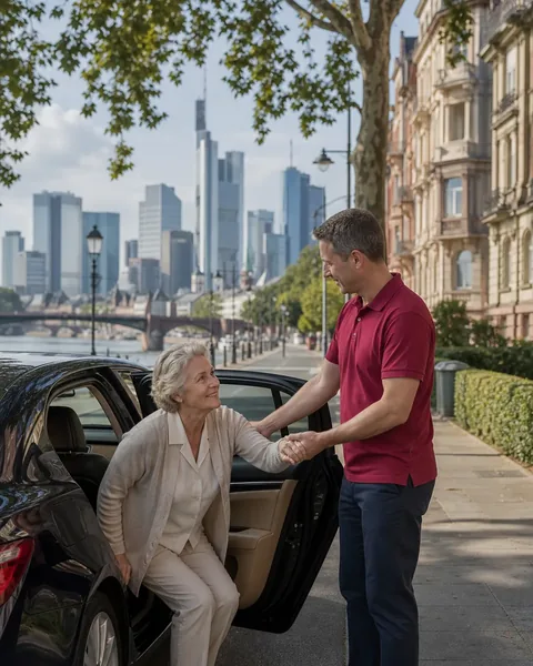 Symbolbild: Alltagshelferin hilft einer Seniorin beim Aussteigen aus dem Auto