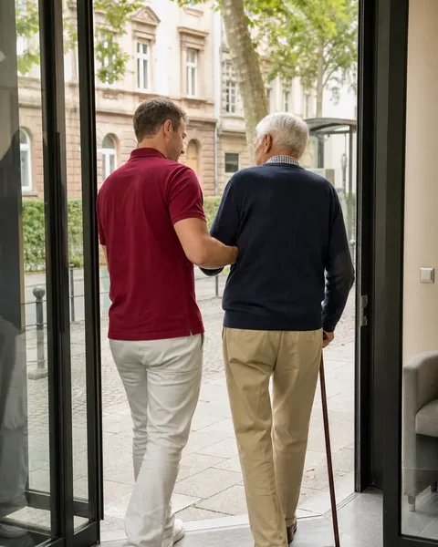 Symbolbild: Alltagshelferin begleitet einen älteren Herrn zum Arzttermin