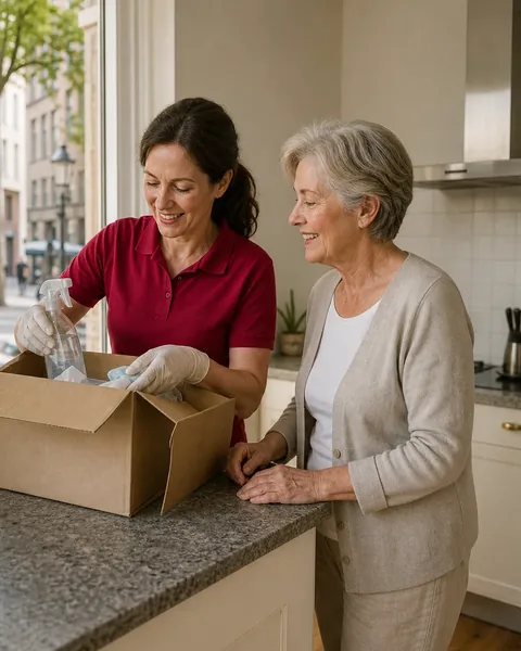 Symbolbild: Alltagshelferin packt mit einer Seniorin eine Pflegebox aus