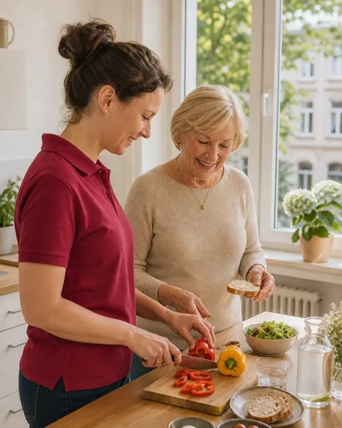 Symbolbild: Alltagshelferin und Seniorin bereiten gemeinsam ein Mittagessen zu