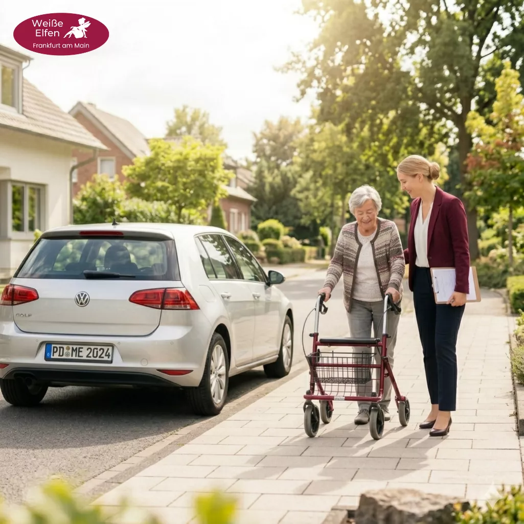 Fahrdienst Begleitung mit Rollator zum Fahrzeug
